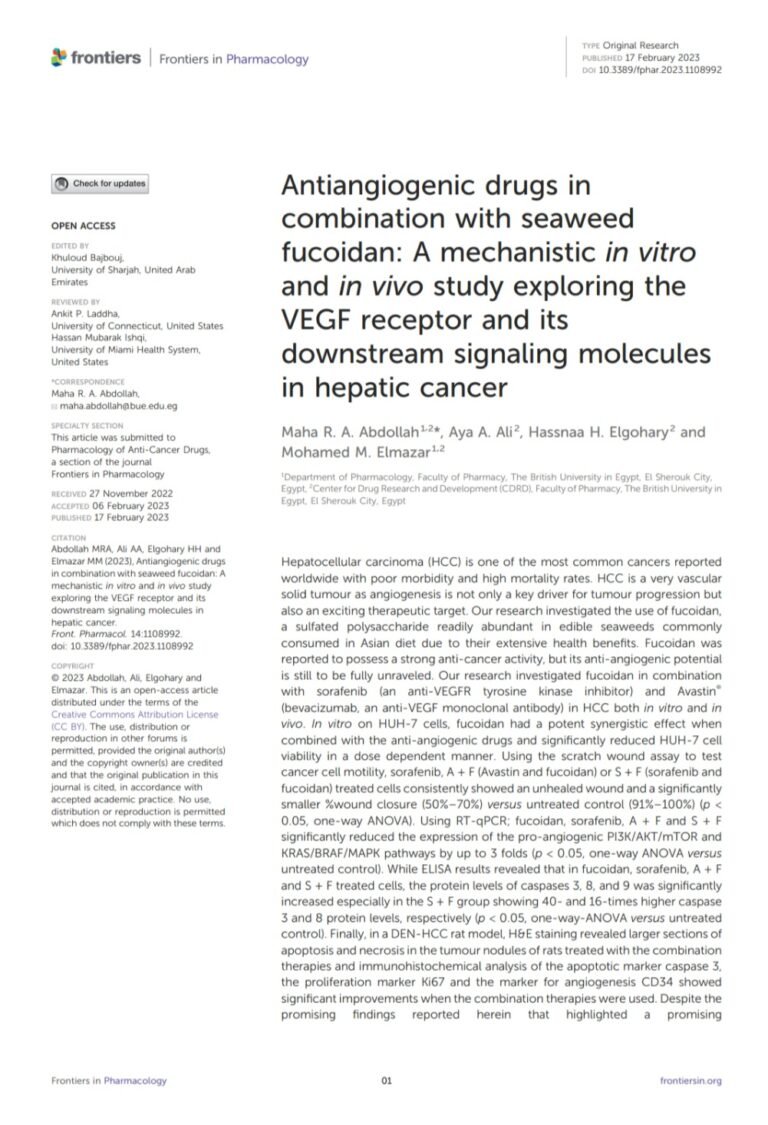 Antiangiogenic drugs in combination with seaweed fucoidan: A mechanistic in vitro and in vivo study exploring the VEGF receptor and its downstream signaling molecules in hepatic cancer