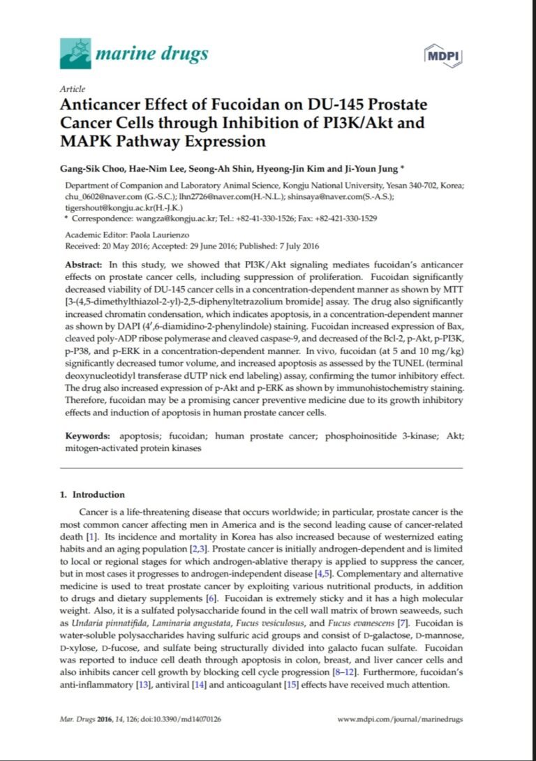 Anticancer Effect of Fucoidan on DU-145 Prostate Cancer Cells through Inhibition of PI3K/Akt and MAPK Pathway Expression