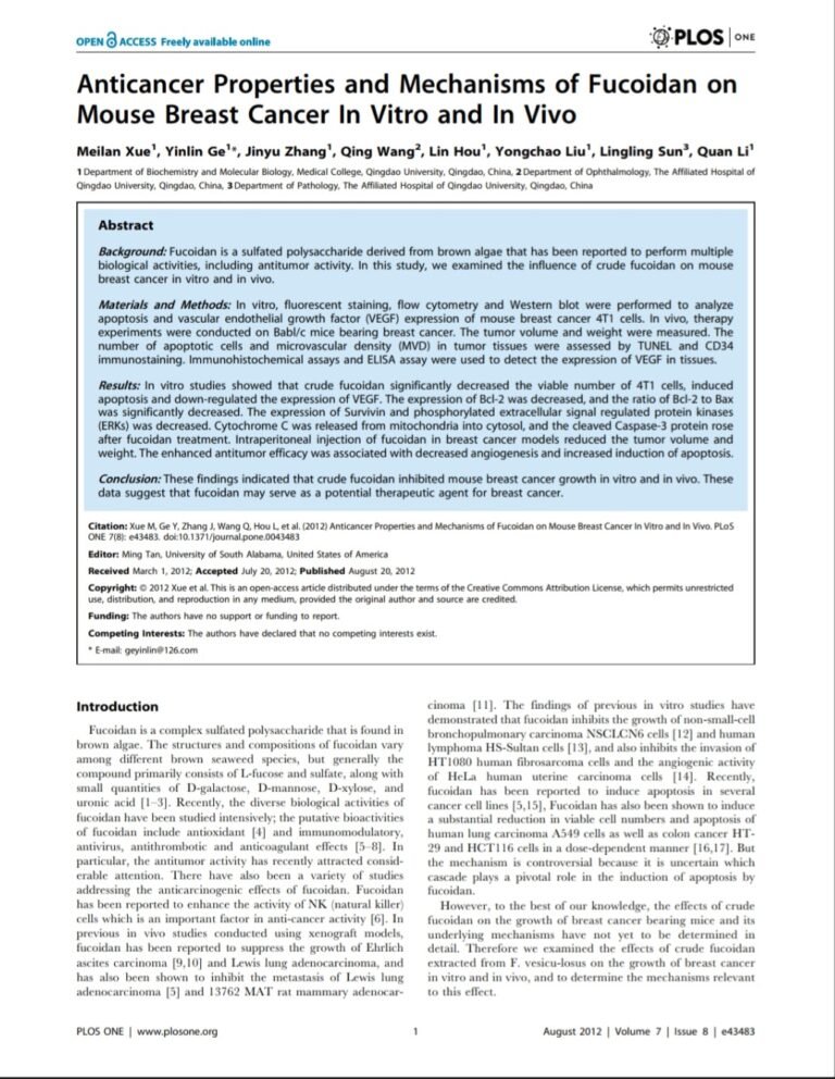 Anticancer properties and mechanisms of fucoidan on mouse breast cancer in vitro and in vivo