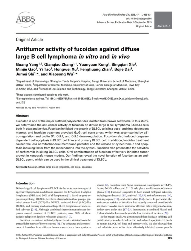 Antitumor activity of fucoidan against diffuse large B cell lymphoma in vitro and in vivo