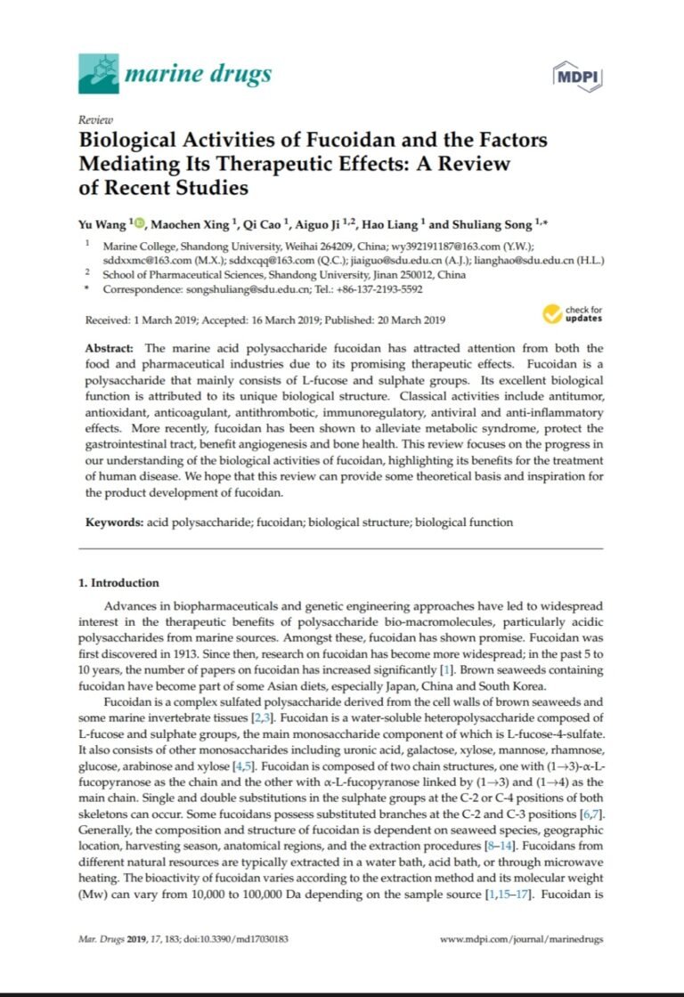 Biological Activities of Fucoidan and the Factors Mediating Its Therapeutic Effects: A Review of Recent Studies