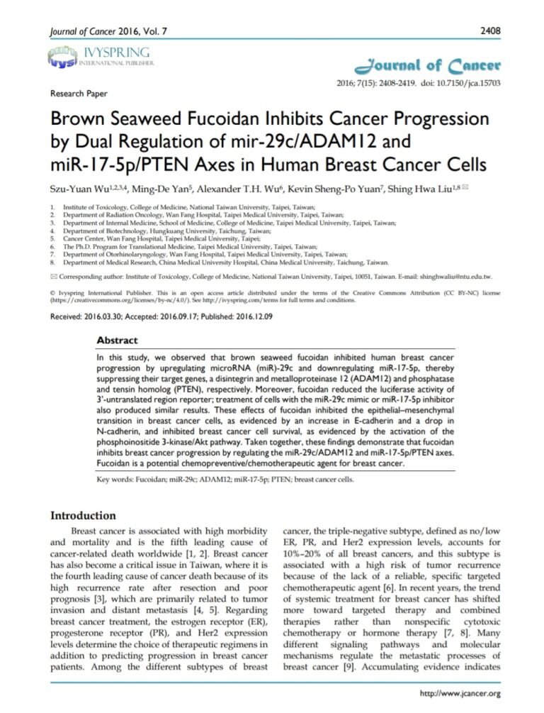 •Brown Seaweed Fucoidan Inhibits Cancer Progression by Dual Regulation of mir-29c/ADAM12 and miR-17-5p/PTEN Axes in Human Breast Cancer Cells