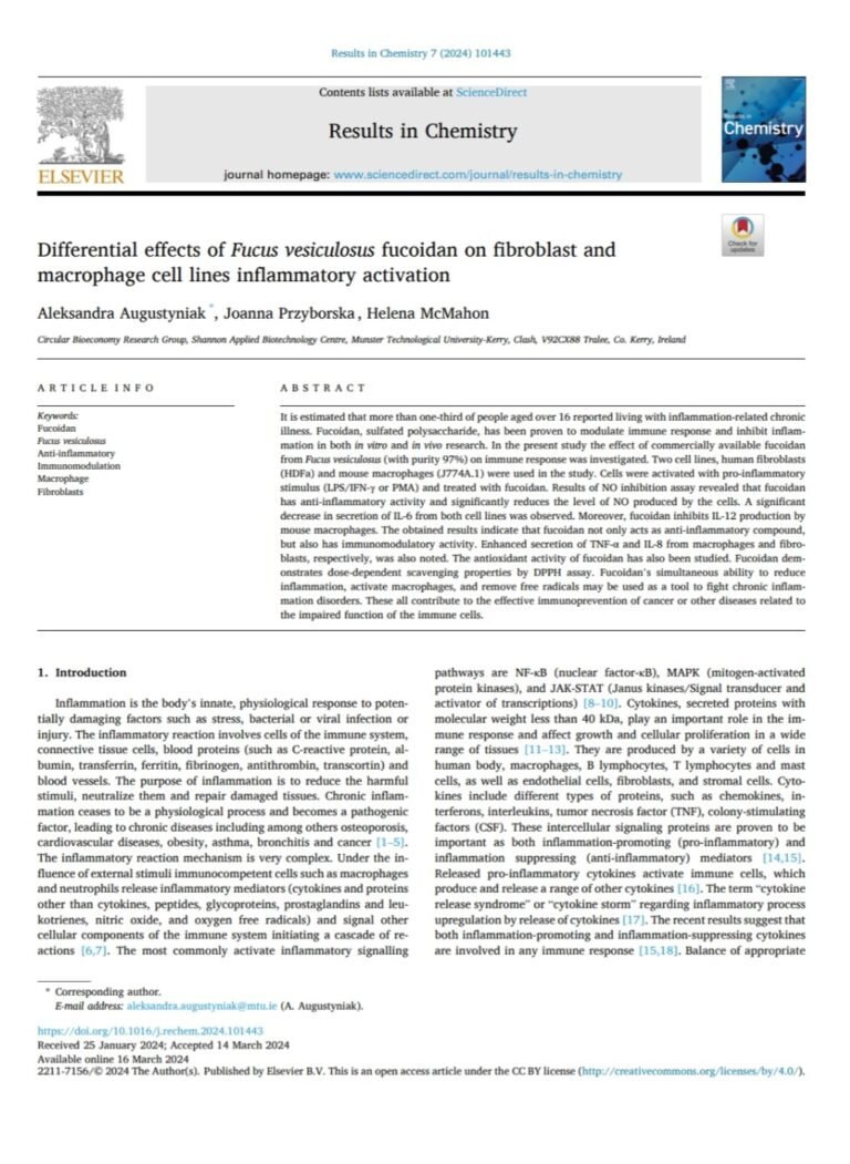 Differential effects of Fucus vesiculosus fucoidan on fibroblast and macrophage cell lines inflammatory activation