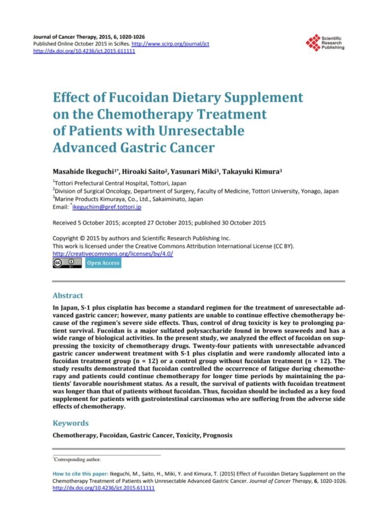 Effect of Fucoidan Dietary Supplement on the Chemotherapy Treatment of Patients with Unresectable Advanced Gastric Cancer