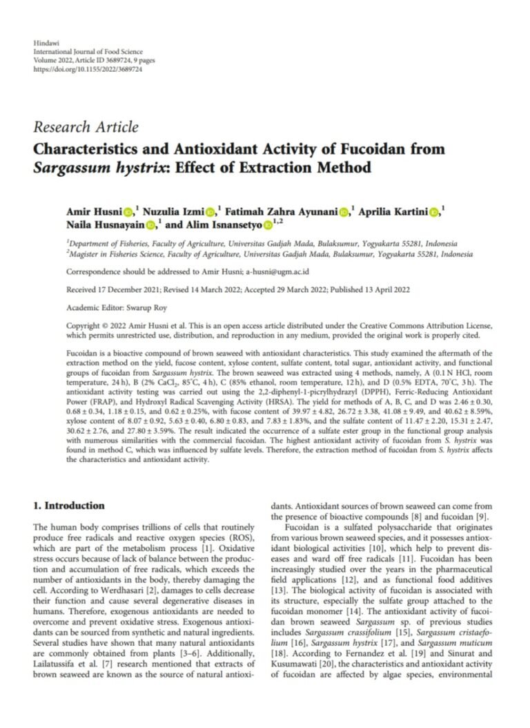 Characteristics and Antioxidant Activity of Fucoidan from Sargassum hystrix